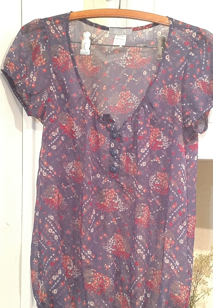 Capped sleeves, sheer, floral print blouse